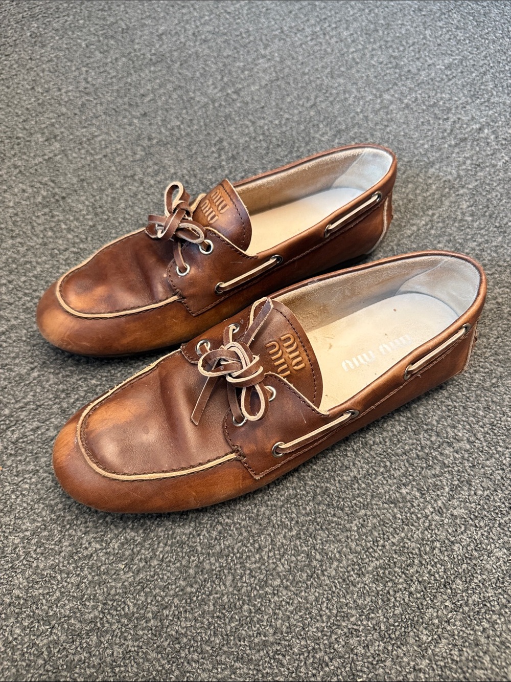 Miu Miu Bleached Leather Deck Shoes in Sienna